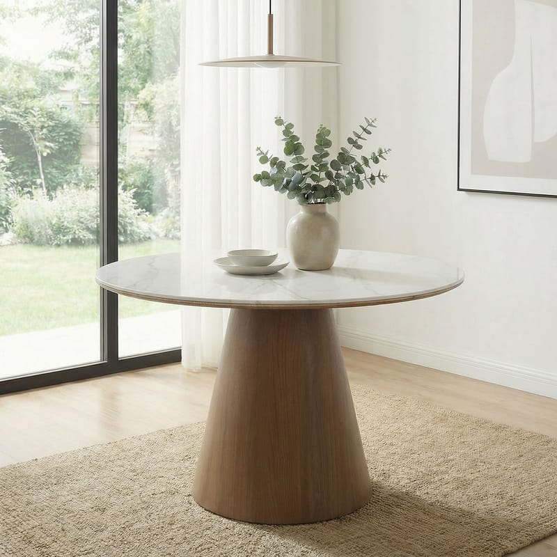 Zelnor Runt matbord 120 cm med sintrad stenskiva i marmorlook - vit marmoreffekt valnötseffekt - Möbler - Matplats - Matbord & köksbord
