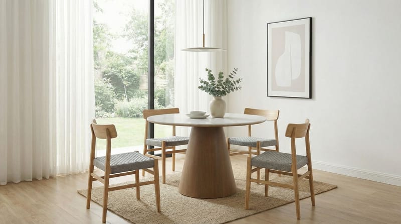 Zelnor Runt matbord 120 cm med sintrad stenskiva i marmorlook - vit marmoreffekt valnötseffekt - Möbler - Matplats - Matbord & köksbord