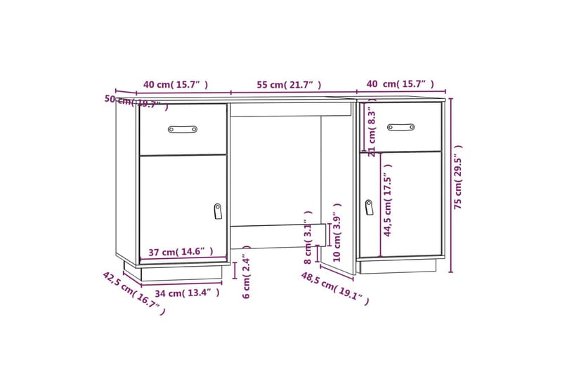 beBasic Skrivbord med skåp vit 135x50x75 cm massiv furu - Skrivbord - Bord