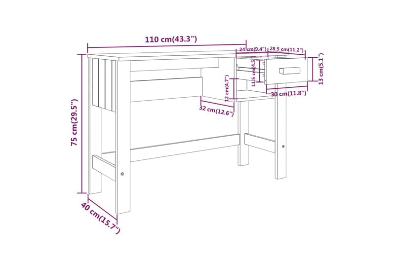 beBasic Skrivbord mörkgrå 110x40x75 cm massiv furu - Skrivbord - Bord