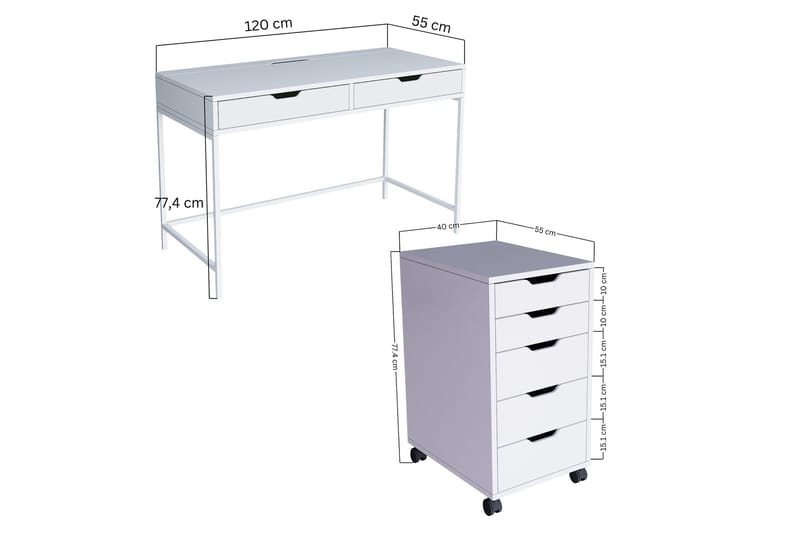Durusu Skrivbord 120 cm med Lådor och Hjul i Målat Trä - Vit - Möbler - Hemmakontor - Skrivbord