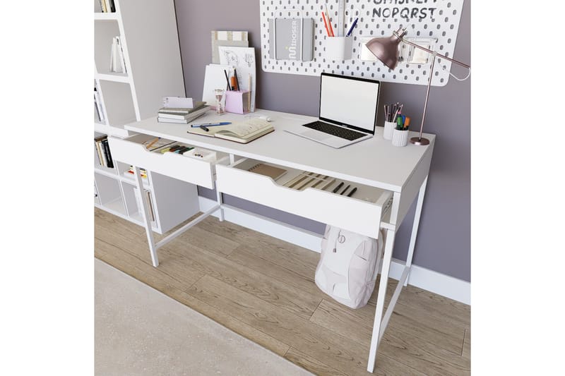 Durusu Skrivbord 55x120 cm med Lådor i Trä med Metallstativ - Vit - Möbler - Hemmakontor - Skrivbord
