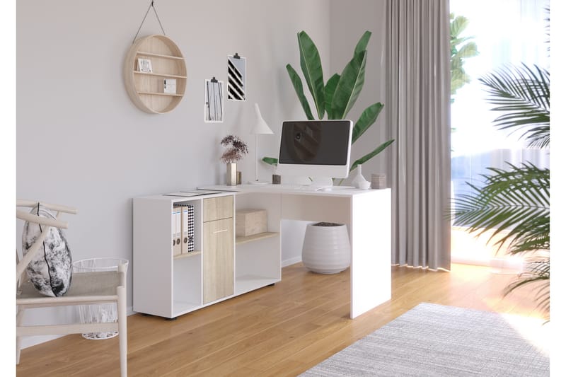 ELILISA Hörnskrivbord 122 cm m Förvaring 4 Hyllor Sandek/Vit - Bord - Skrivbord