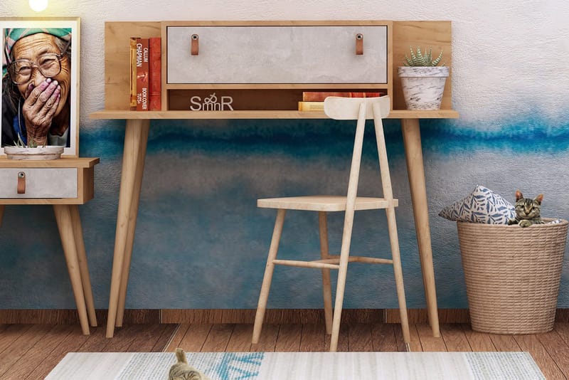 ELLINA Skrivbord 120cm Förvaring Hylla+Lucka Läderbeslag Trä - Bord - Skrivbord
