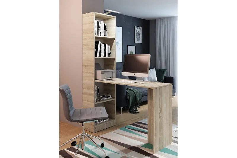 Kylien Skrivbord 125 cm LED-belysning Förvaring Bokhylla Vit - Ekfärg - Möbler - Hemmakontor - Skrivbord