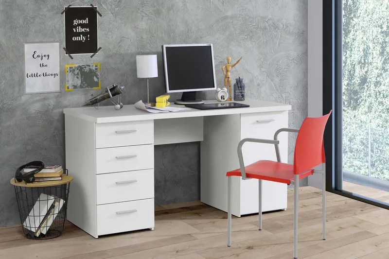 Bowlee Skrivbord 145 cm med Förvaring Skåp + 4 Lådor + Hylla - Vit - Möbler - Hemmakontor - Skrivbord