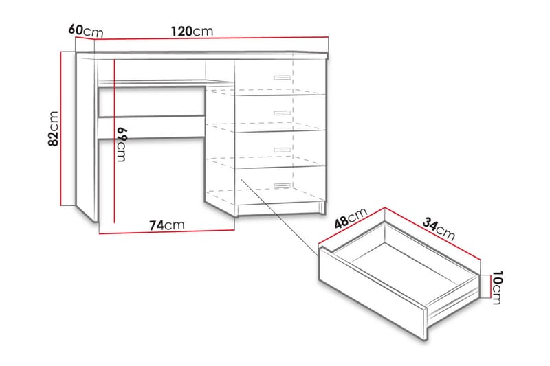 Castillia Skrivbord 120 cm med Förvaring 4 Lådor + Hylla - Ljus Ask - Möbler - Hemmakontor - Skrivbord