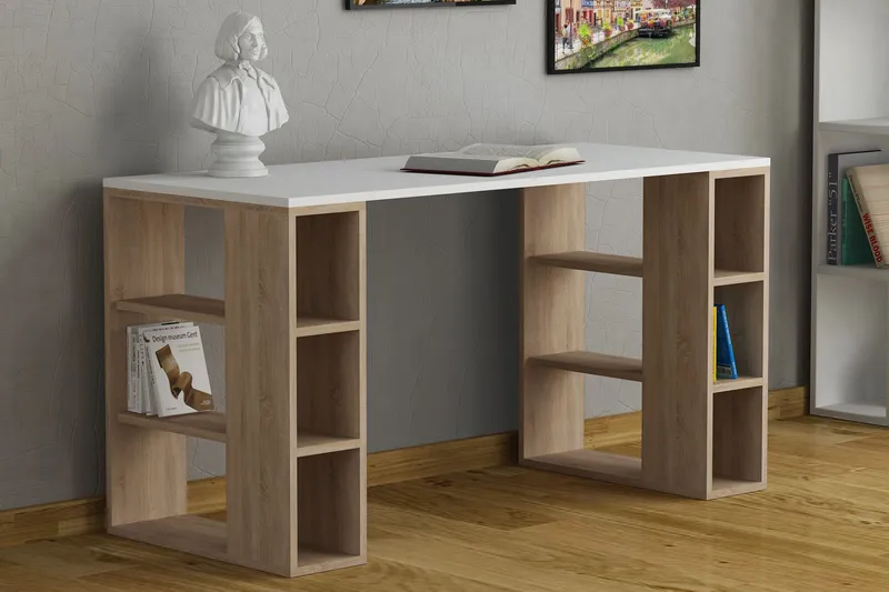 Colmaron Skrivbord 140 cm med Förvaring Hyllor - Vit/Ekfärg - Möbler - Hemmakontor - Skrivbord
