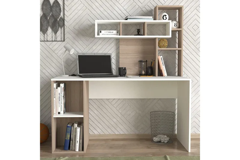 Coralle Skrivbord 140 cm med Förvaring Hyllor - Vit/Natur - Möbler - Hemmakontor - Skrivbord