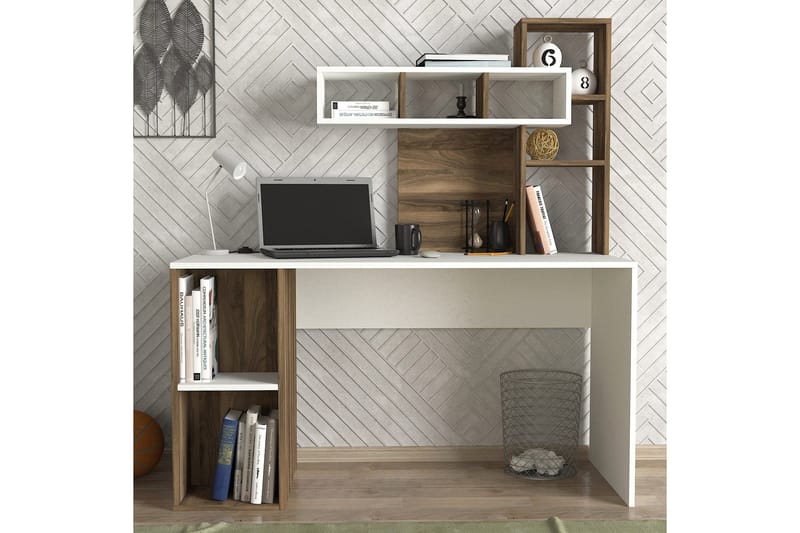 Coralle Skrivbord 140 cm med Förvaring Hyllor - Vit/Valnötsbrun - Möbler - Hemmakontor - Skrivbord