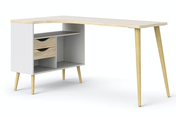 Delta Skrivbord 145 cm med Förvaring Lådor + Hyllor - Vit/Natur - Möbler - Hemmakontor - Skrivbord