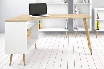 Delta Skrivbord 145 cm med Förvaring Lådor + Hyllor - Vit/Natur - Möbler - Hemmakontor - Skrivbord