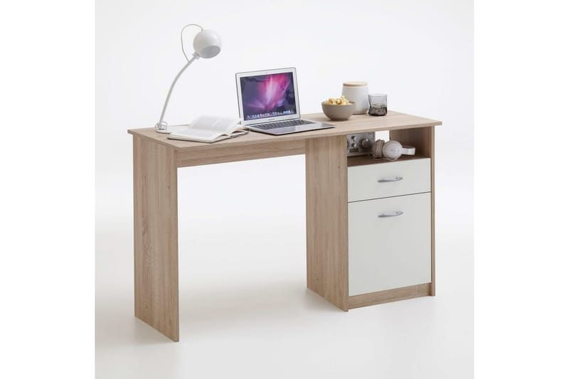 FMD Skrivbord med 1 låda 123x50x76,5 cm ek och vit - Brun - Skrivbord - Bord