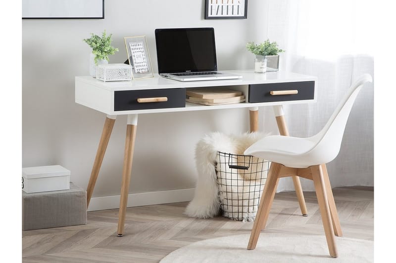Frisange Skrivbord 120 cm med Förvaring 2 Lådor + Hylla - Vit/Mörkgrå/Brun - Möbler - Hemmakontor - Skrivbord