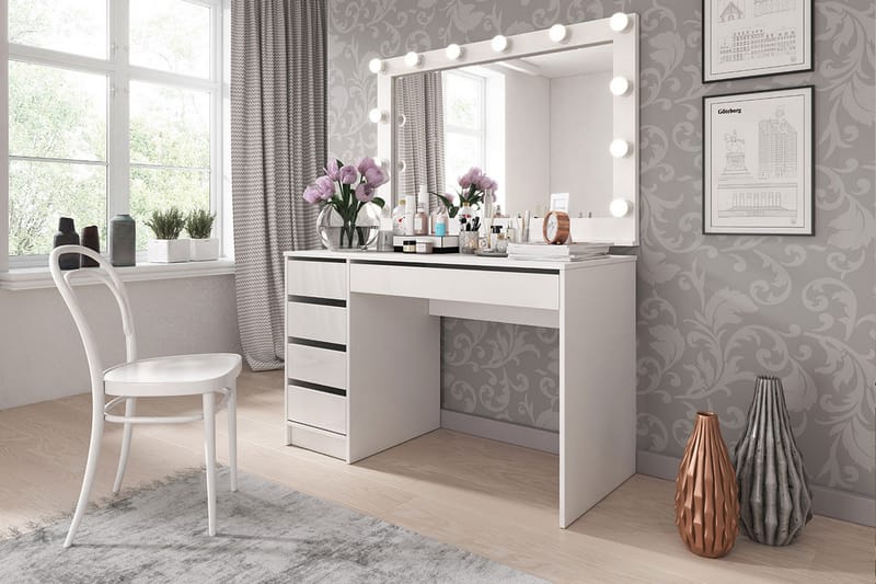 HARRIETTE Skrivbord 120 cm med Förvaring 5 Lådor Vit/Vit Hög - Vit - Möbler - Hemmakontor - Skrivbord