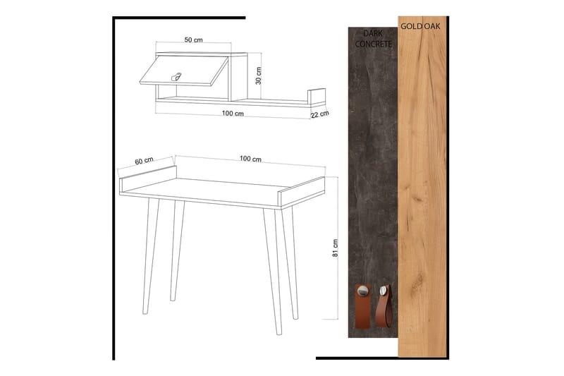 HILARIA Skrivbord 100 cm med Förvaring Vägghylla Grå/Trä - Grå/Trä - Möbler - Hemmakontor - Skrivbord