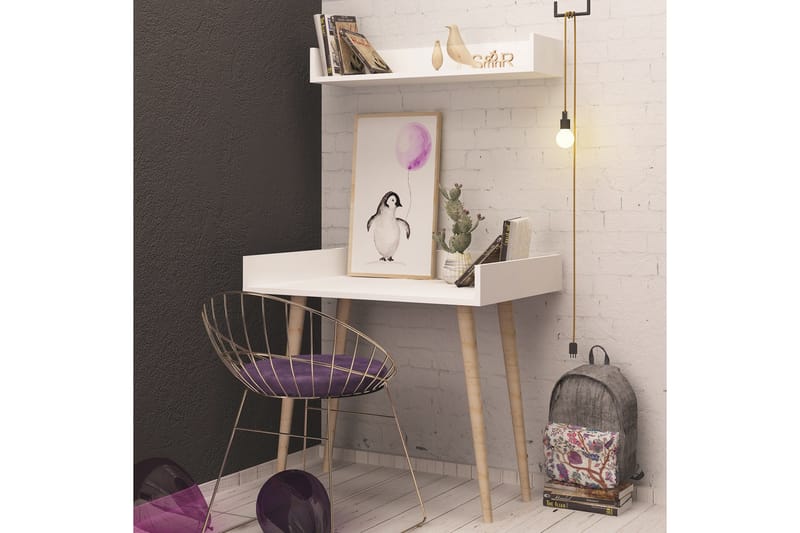 HILARIA Skrivbord 90 cm med Förvaring Vägghylla Vit/Natur - Vit - Möbler - Hemmakontor - Skrivbord