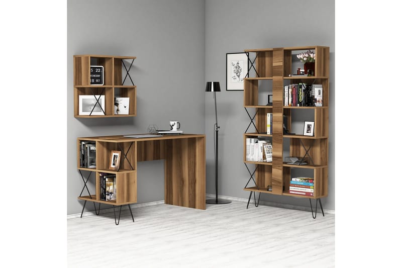 Hovdane Skrivbord 120 cm med Förvaring + 2 Bokhyllor - Brun/Svart/Ek - Möbler - Hemmakontor - Skrivbord