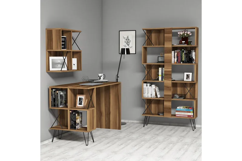 Hovdane Skrivbord 120 cm med Förvaring + 2 Bokhyllor - Brun/Svart/Ek - Möbler - Hemmakontor - Skrivbord