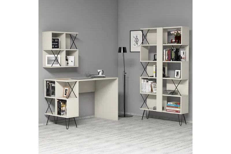 Hovdane Skrivbord 120 cm med Förvaring + 2 Bokhyllor - Krämvit/Svart - Möbler - Hemmakontor - Skrivbord