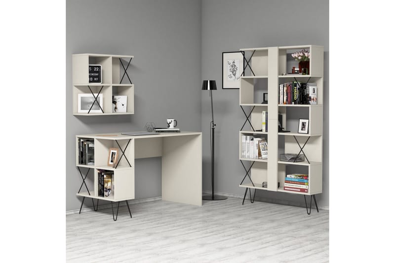 Hovdane Skrivbord 120 cm med Förvaring + 2 Bokhyllor - Krämvit/Svart - Möbler - Hemmakontor - Skrivbord