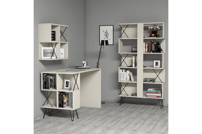 Hovdane Skrivbord 120 cm med Förvaring + 2 Bokhyllor - Krämvit/Svart - Möbler - Hemmakontor - Skrivbord