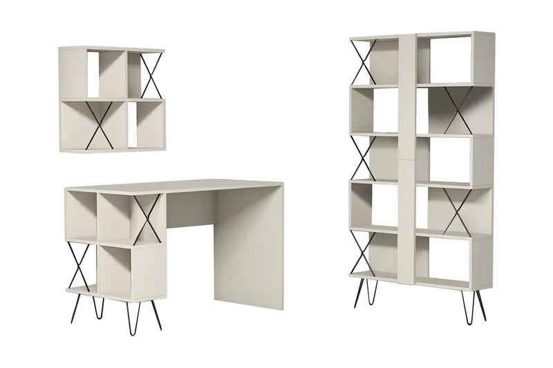 Hovdane Skrivbord 120 cm med Förvaring + 2 Bokhyllor, Krämvit/Svart