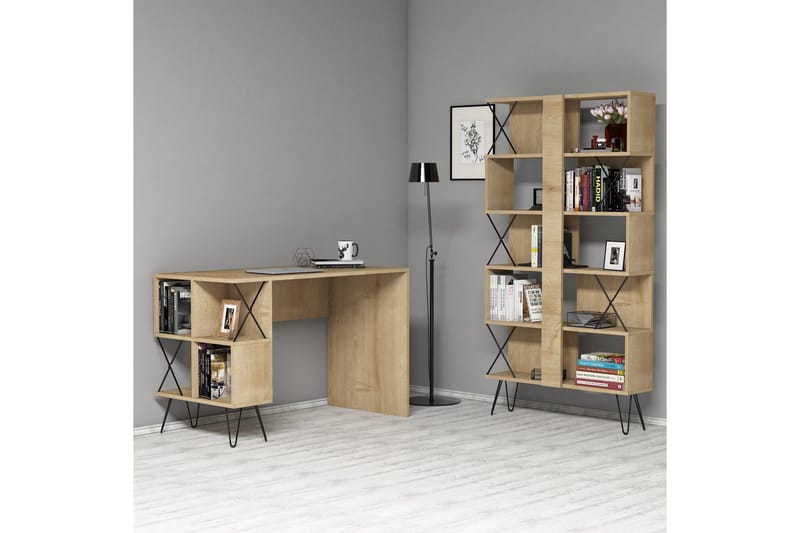 Hovdane Skrivbord 120 cm med Förvaring Hylla + Bokhylla - Brun/Ek - Möbler - Hemmakontor - Skrivbord