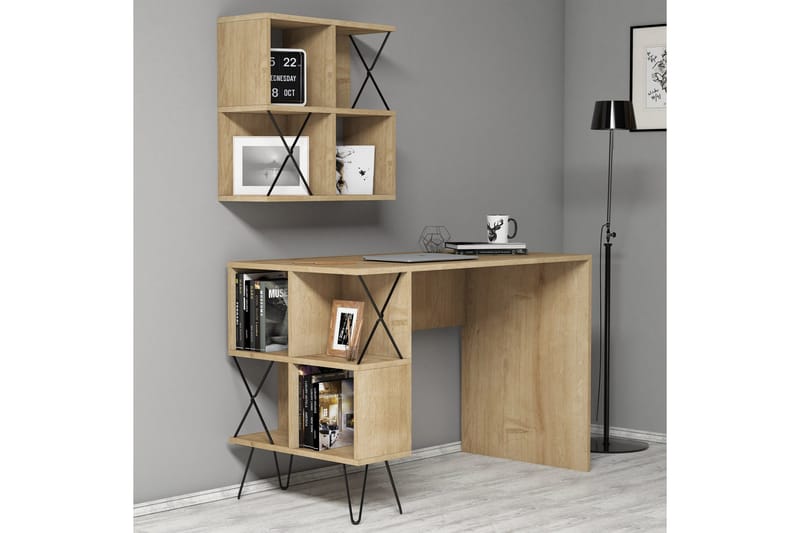 Hovdane Skrivbord 120 cm med Förvaring Hylla + Bokhylla Lite, Ljusbrun