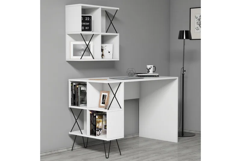 Hovdane Skrivbord 120 cm med Förvaring Hylla + Bokhylla Lite - Vit/Svart - Möbler - Hemmakontor - Skrivbord