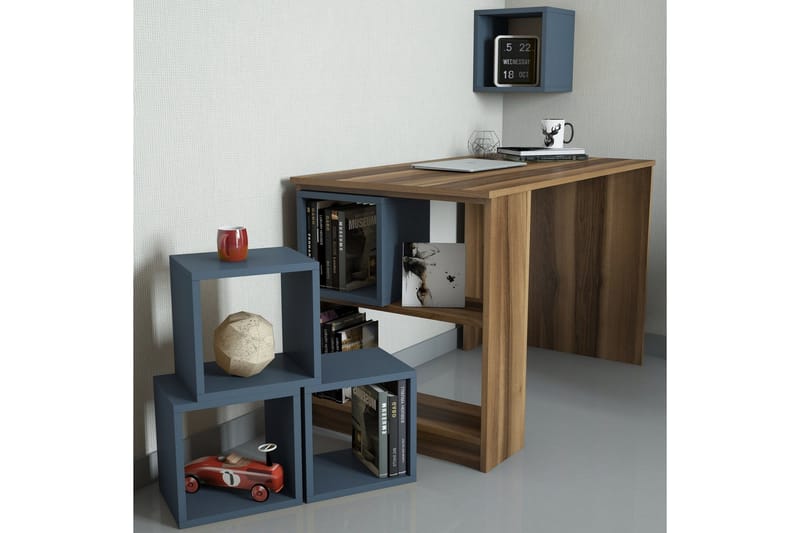 Hovdane Skrivbord 120 cm med Förvaring Hylla + Vägghylla - Brun/Blå - Möbler - Hemmakontor - Skrivbord