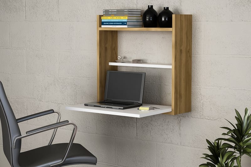 JACQUALINE Väggskrivbord 60 cm m Förvaring Hyllor Vit/Valnöt - Vit/Valnöt - Möbler - Hemmakontor - Skrivbord