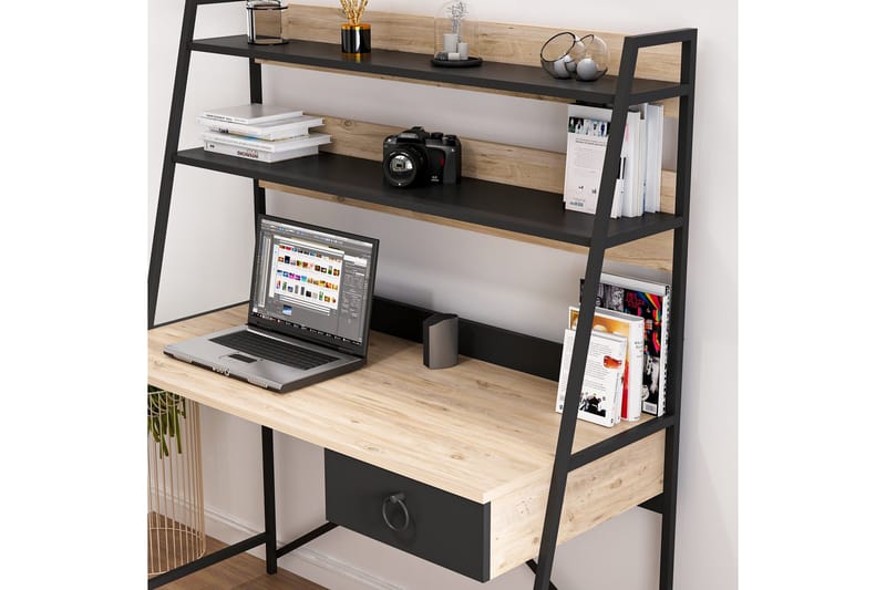 KANDELI Skrivbord 125 cm med Förvaring Låda + Hyllor Natur/S - Skrivbord - Bord