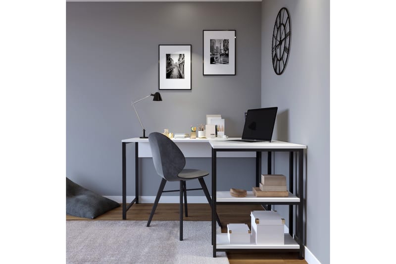 KARGALI Hörnskrivbord 140 cm med Förvaring Hyllor Vit/Svart - Möbler - Hemmakontor - Skrivbord
