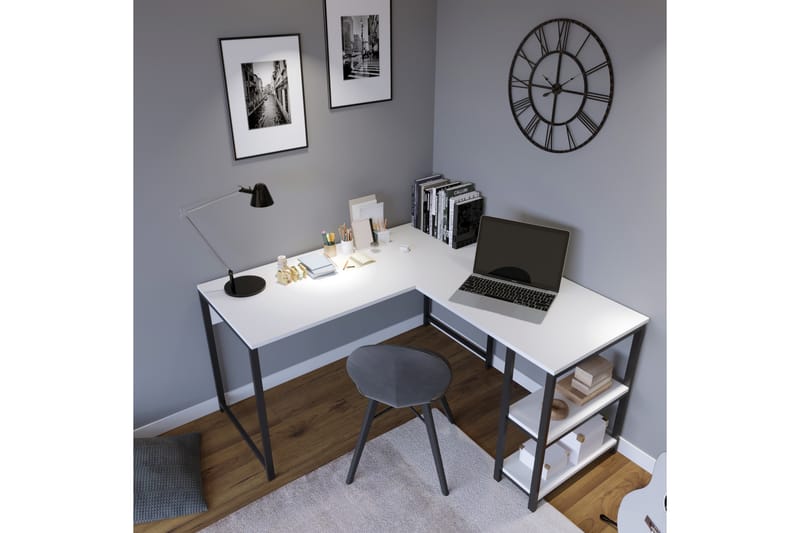 KARGALI Hörnskrivbord 140 cm med Förvaring Hyllor Vit/Svart - Möbler - Hemmakontor - Skrivbord