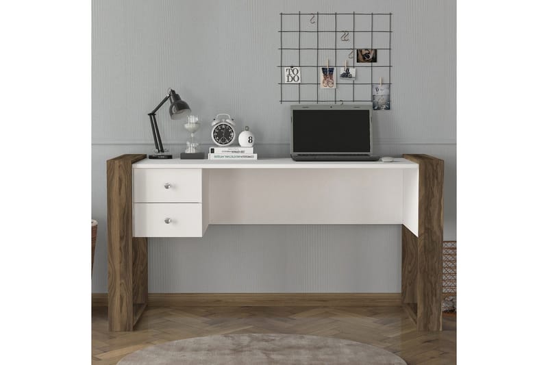 KRISTY Skrivbord 140 cm med Förvaring Lådor Vit/Valnötsbrun - Vit/Valnöt - Skrivbord - Bord