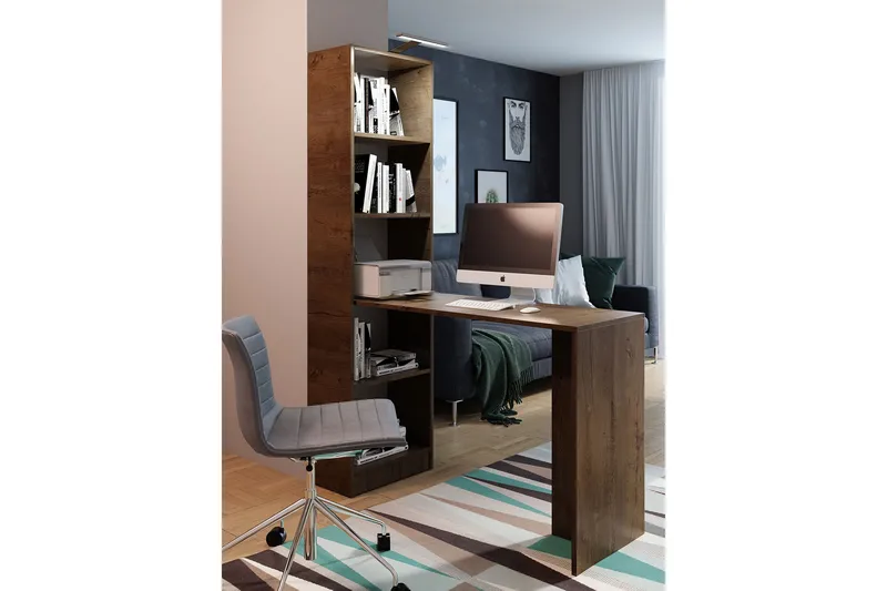 Kylien Skrivbord 125 cm LED-belysning Förvaring Bokhylla Vit - Mörk Ask - Möbler - Hemmakontor - Skrivbord