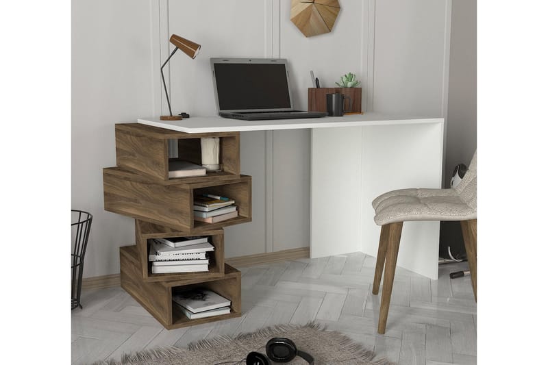 LEASE Skrivbord 130 cm med Förvaring Hyllor Vit/Valnötsbrun - Vit/Valnöt - Skrivbord - Bord