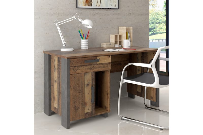 LEVALSA Skrivbord 127 cm med Förvaring Låda + Skåp Brun/Grå - Möbler - Hemmakontor - Skrivbord