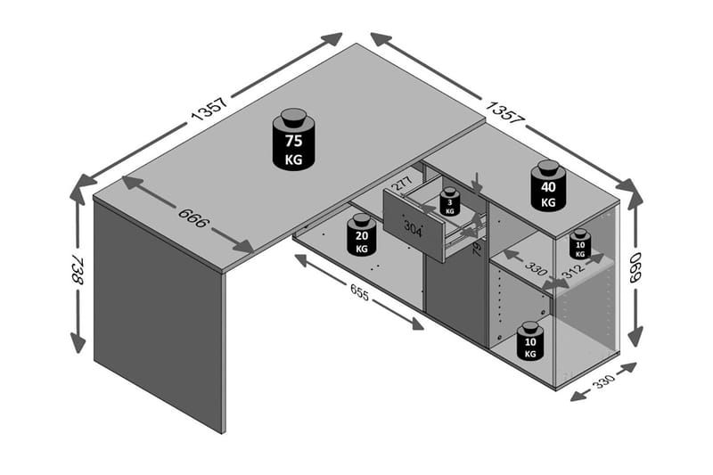 Lexo Hörnskrivbord 136 cm med Justerbar Hylla - Betong - Möbler - Hemmakontor - Skrivbord