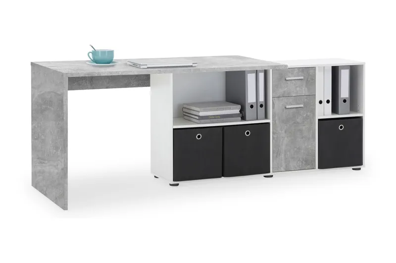 Lexo Hörnskrivbord 136 cm med Justerbar Hylla - Betong - Möbler - Hemmakontor - Skrivbord