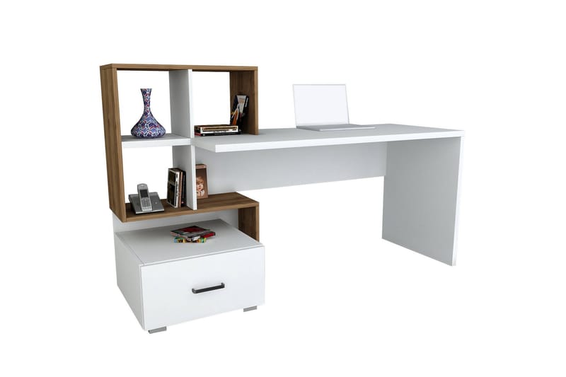 LOURDES Skrivbord 152 cm m Förvaring Låda+Hyllor Vit/Valnöts - Vit/Valnöt - Skrivbord - Bord
