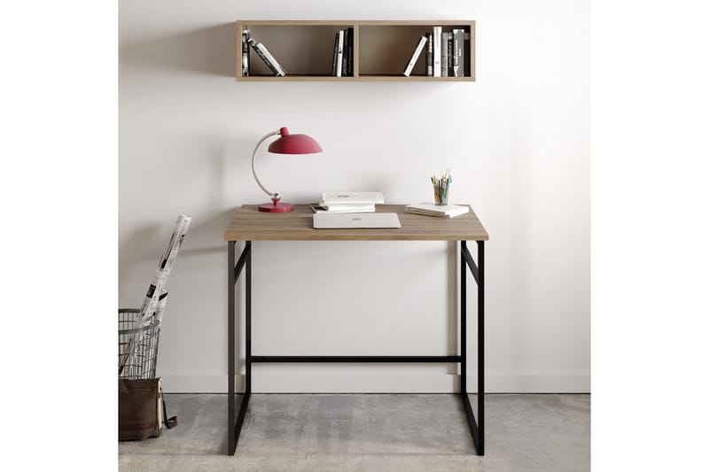 LOVIKEN Skrivbord 90 cm med Förvaring Vägghylla Brun/Svart - Ljusbrun - Skrivbord - Bord