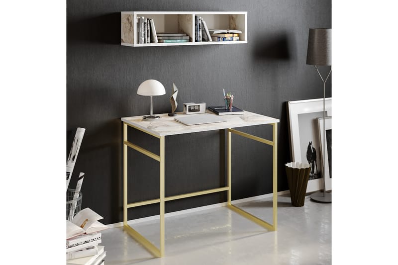 LOVIKEN Skrivbord 90 cm med Förvaring Vägghylla Marmormönste - Guld - Skrivbord - Bord