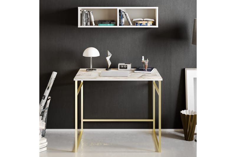 LOVIKEN Skrivbord 90 cm med Förvaring Vägghylla Marmormönste - Guld - Skrivbord - Bord