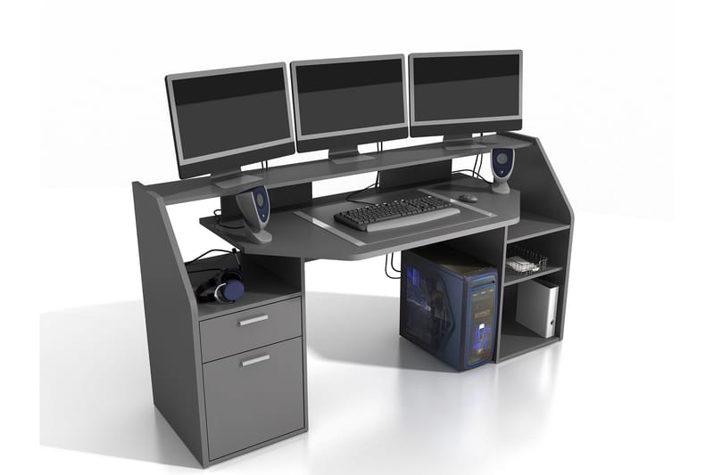 LUNANHEAD Skrivbord med Förvaring Hyllor + Låda + Skåp Grå - Skrivbord - Bord