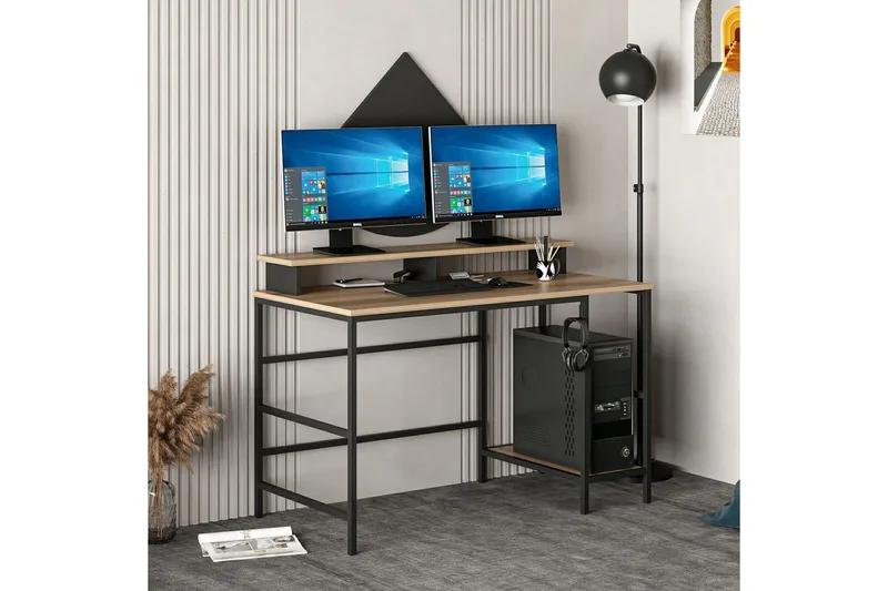 Nafe Skrivbord 120 cm med Hyllor i Trä med Metallstativ, Brun