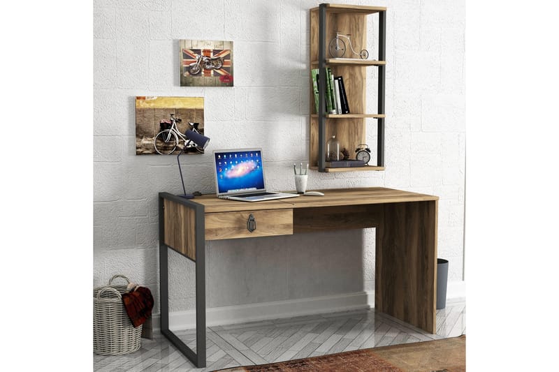 NELINE Skrivbord 124 cm med Förvaring Låda+Vägghylla Valnöts - Valnöt - Skrivbord - Bord