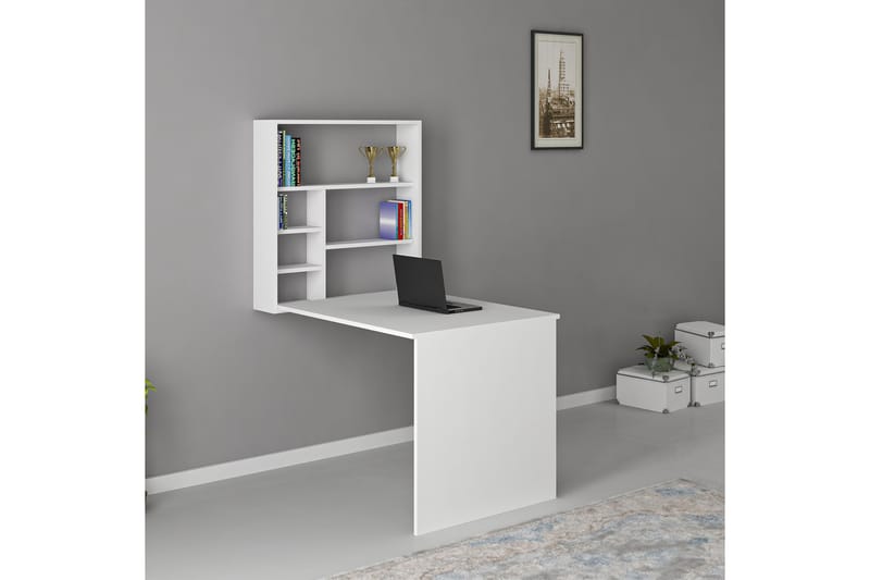 NOVISKI Väggskrivbord 90 cm med Förvaring Hyllor Vit - Möbler - Hemmakontor - Skrivbord