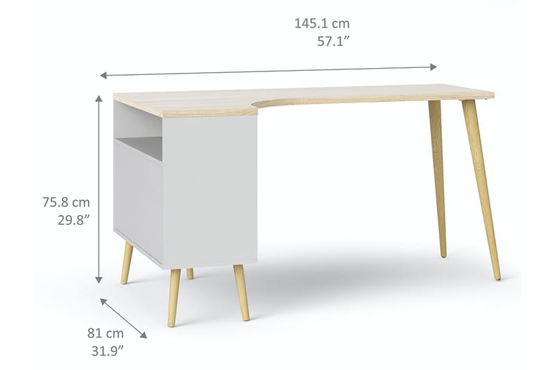 ORINO Skrivbord 145 cm med Förvaring Lådor + Hyllor Vit/Natu - Skrivbord - Bord